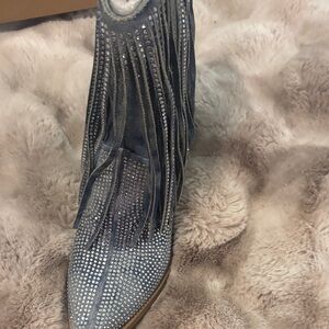 Jessica Simpson Blue Fringe Heeled Boots denim sexy western